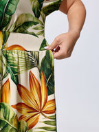 Tropical Print Shirred Wide-Leg Romper