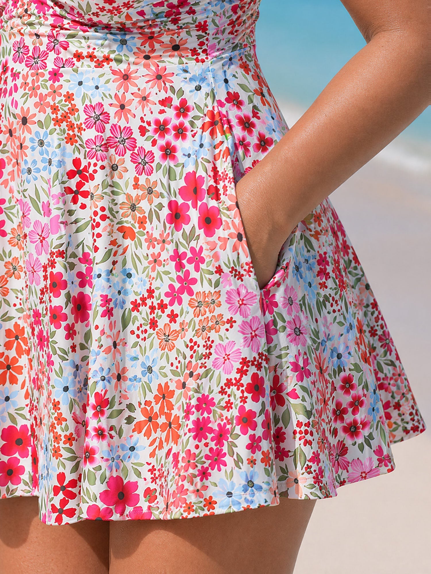 Colorful Floral Print Pockets Flowy Swim Dress
