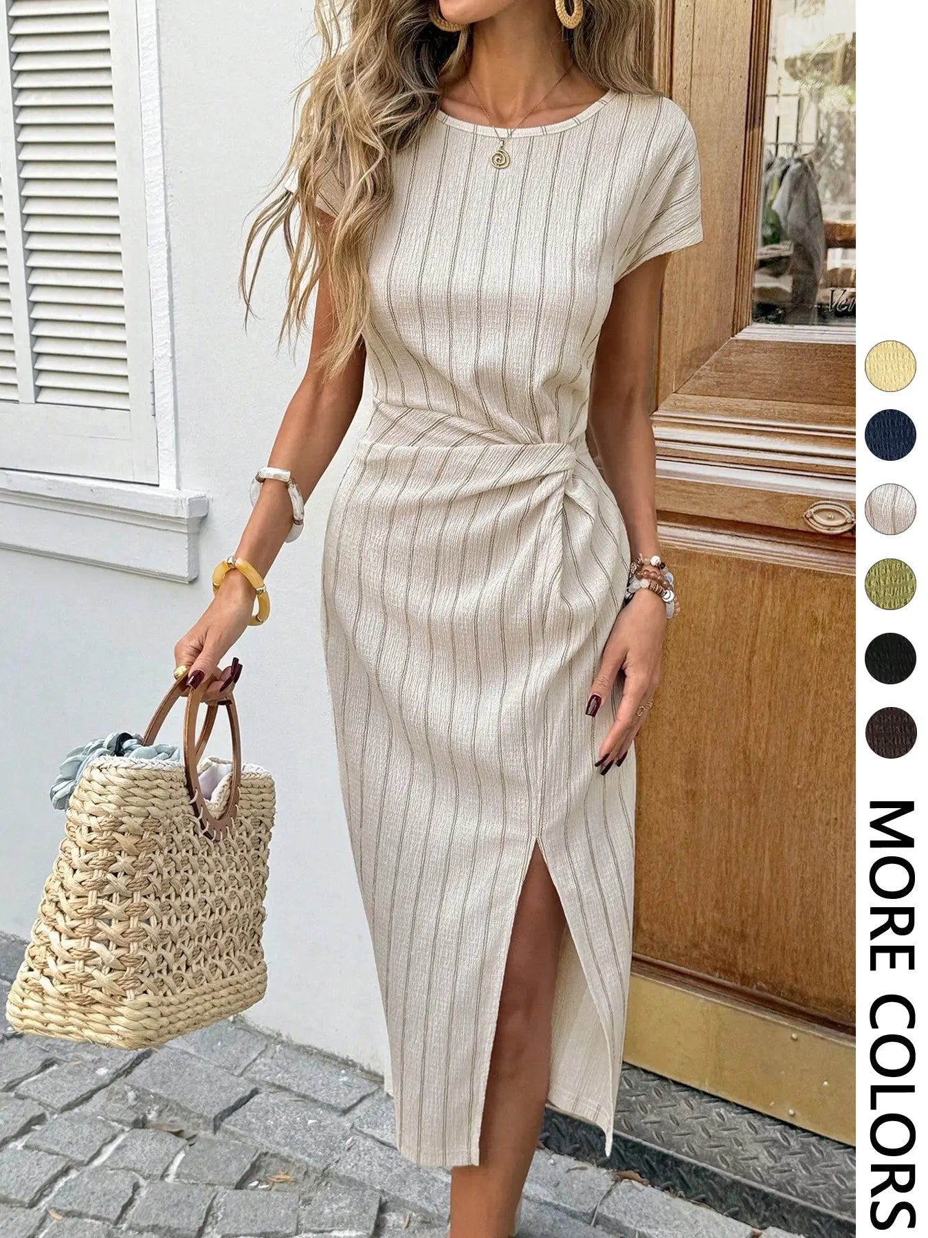 Elegant Waist Twist High Slit Sleeveless Midi Dress, Casual Apricot Textured Bodycon Dress, Women's Birthday Outfit, Women's Fitness Set, Women's Wedding Guest Dress, Women's Office Wear, White Graduation Dress