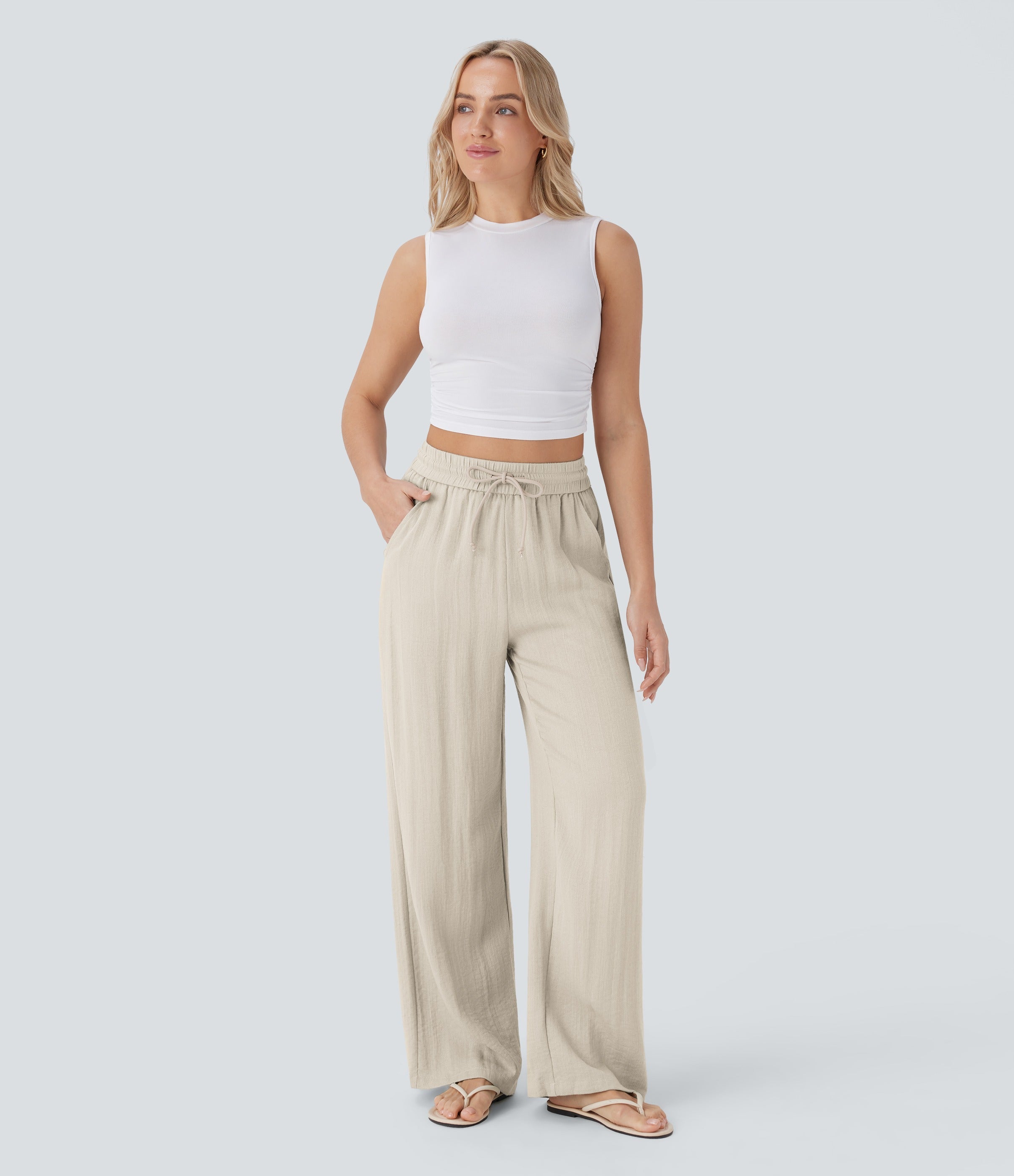 2026🔥 High Waisted Drawstring Pocket Wide Leg Casual Linen-Feel Pants