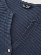 Stretchy Notched Collar Button Detail Knit Top