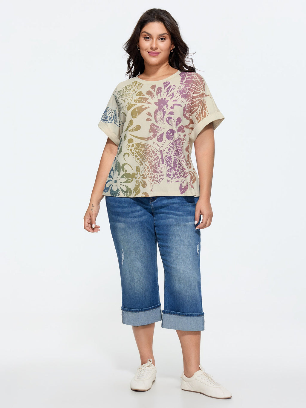 Cotton Colorful Floral Print Flared Sleeve T-Shirt