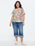 Cotton Colorful Floral Print Flared Sleeve T-Shirt