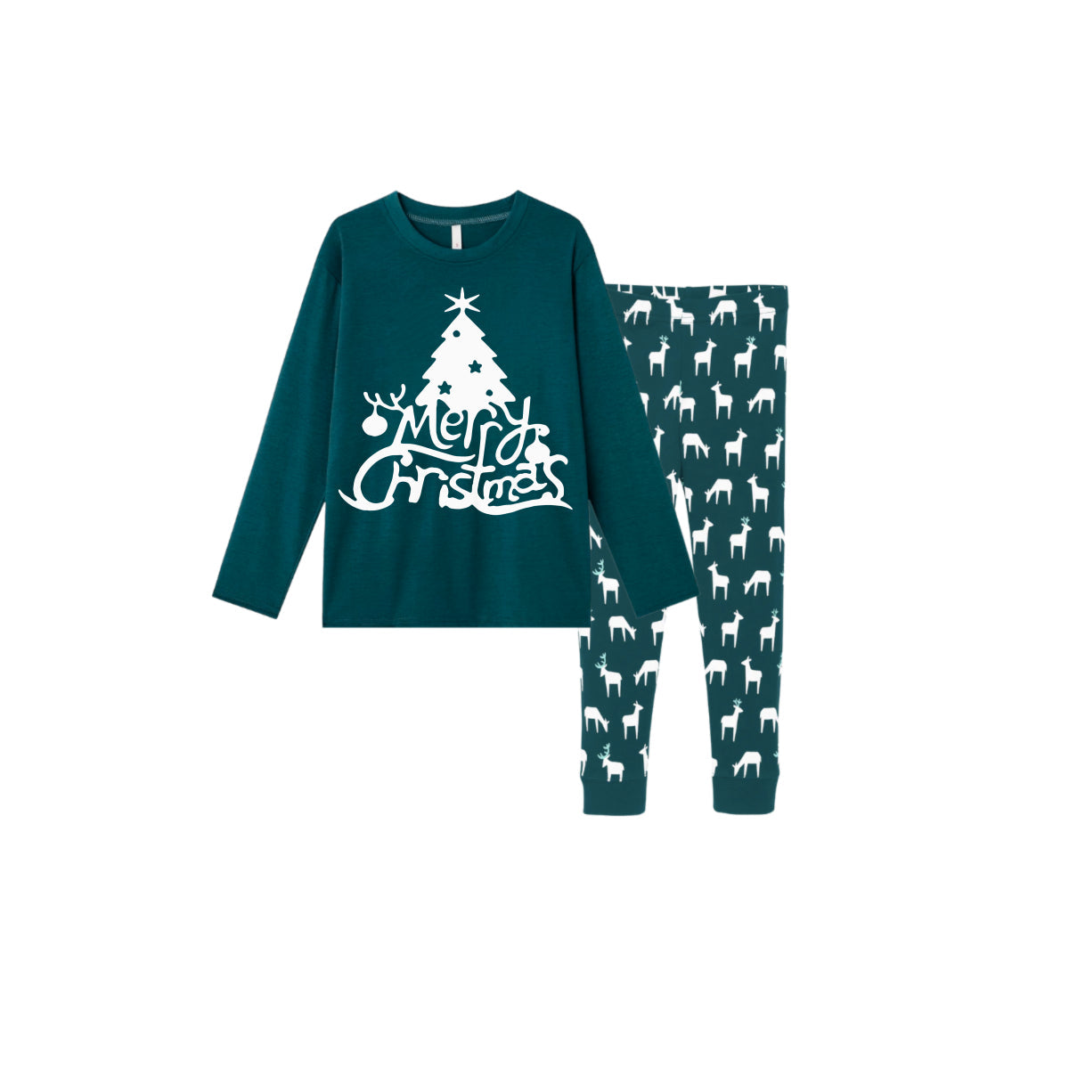 Christmas Family Matching Pajamas-Dark Green&Deer Patterned Pjs Set with Christmas Tree and “Merry Christmas” Letter Print