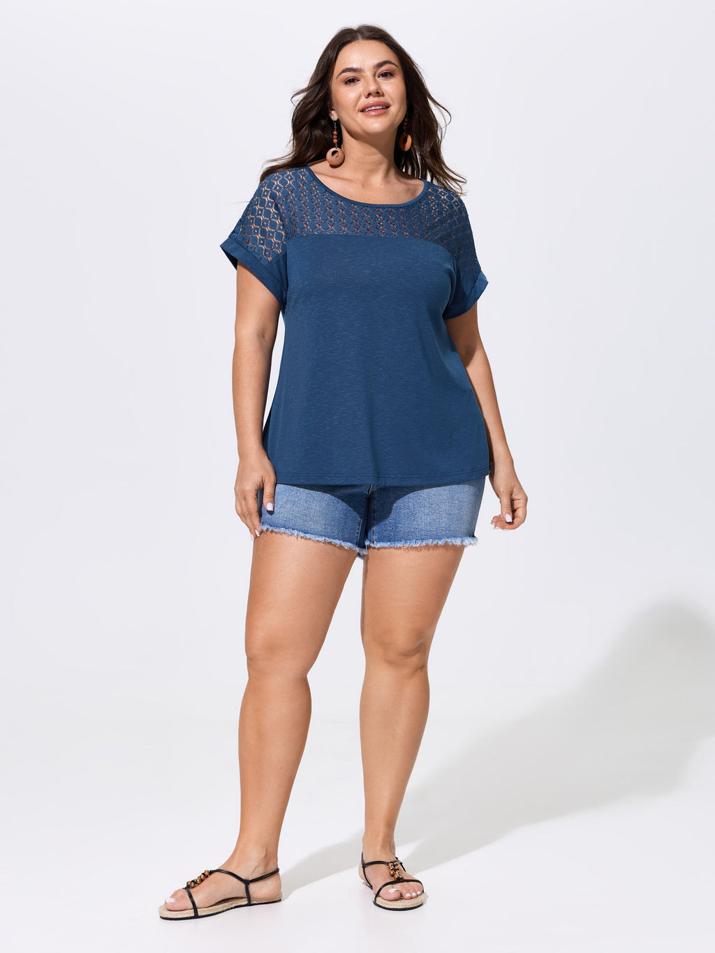 Sheer Lace Neckline Round Neck T-Shirt