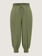 Linen Blend Shirred Drawstring Waist Jogger Pants