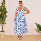 V Neck Lace Up Boho Breeze Blue Floral Swimsuit&Skirt&Pants