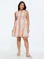 Colorful Striped Print Shirred Mini Dress