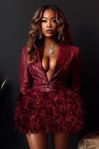 Lapel Collar Long Sleeve Feather Decor Mini Dresses-Burgundy