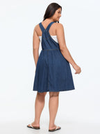 Stretchy Overall Straps Pleated Mini Denim Dress