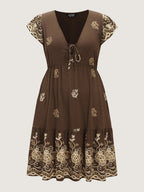 Floral Embroidered Neck-Tie Mini Dress