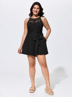 Sheer Lace Neckline Waist-Tie Romper