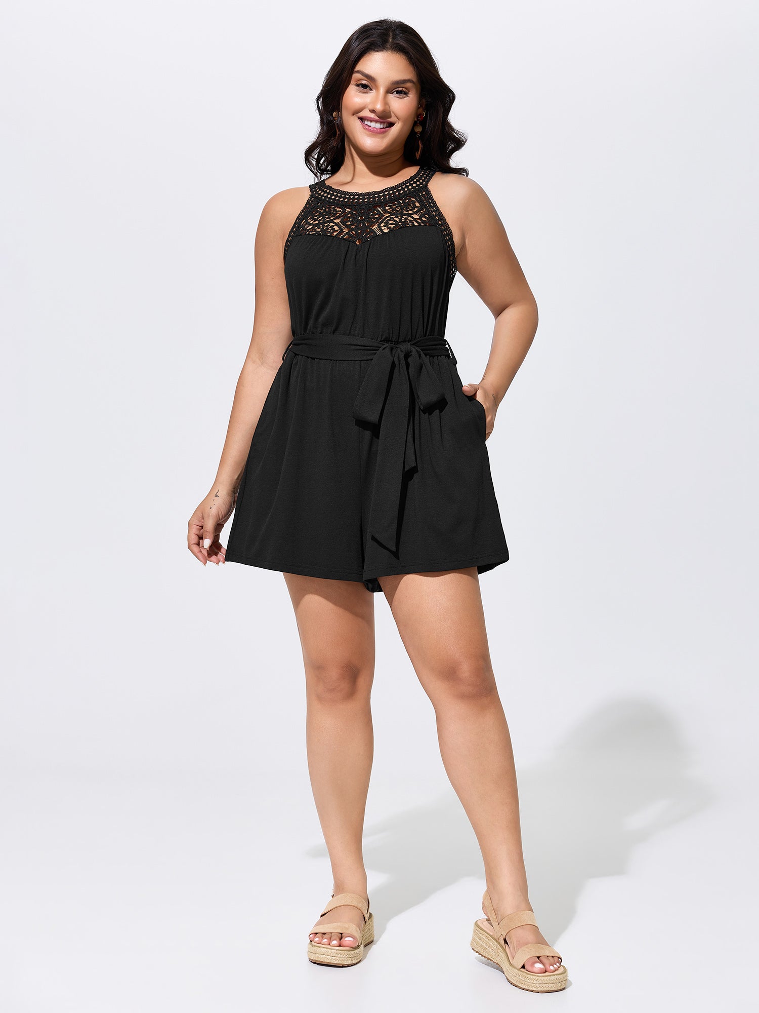Sheer Lace Neckline Waist-Tie Romper