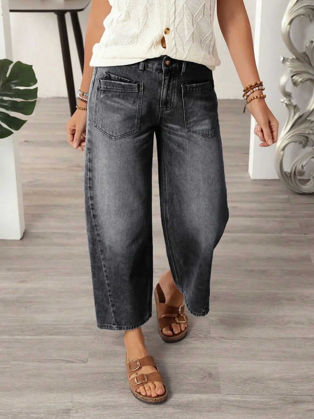 Women's Casual Street Patchwork Pocket Loose Wide Leg Jeans，Baggy Loose Summer Jeans, Perfect for All Seasons & Casual Occasions