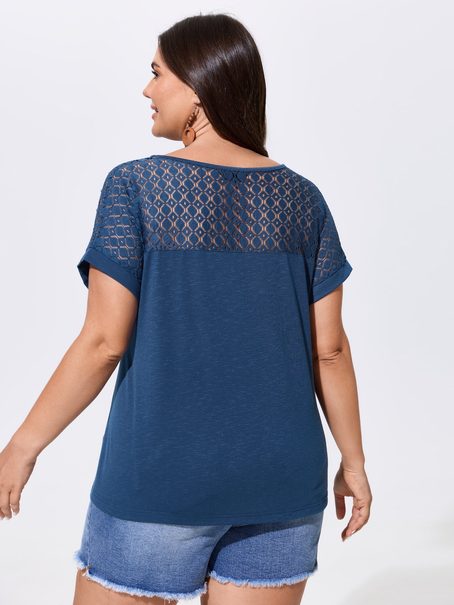 Sheer Lace Neckline Round Neck T-Shirt