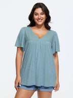 Cotton Ruffled Sleeve V-Neck T-Shirt