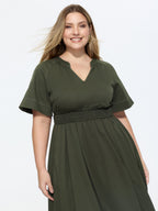 Classic Notched Collar Shirred Midi Dress