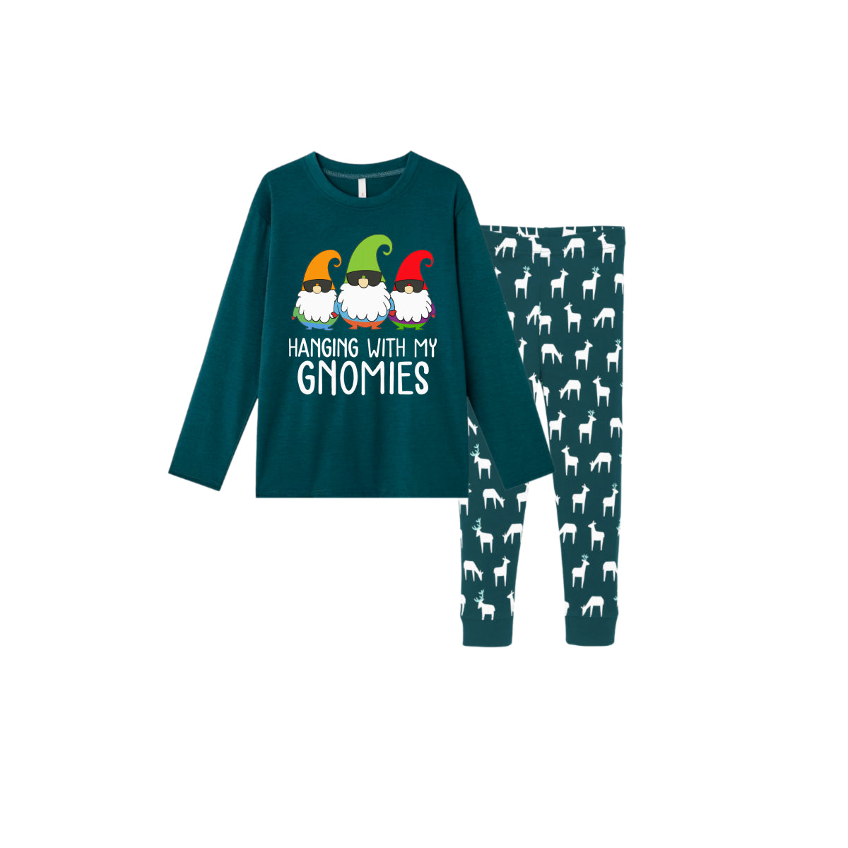 Christmas Family Matching Pajamas-Dark Green&Deer Patterned Pjs Set with "Hanging With My Gnomies" Print