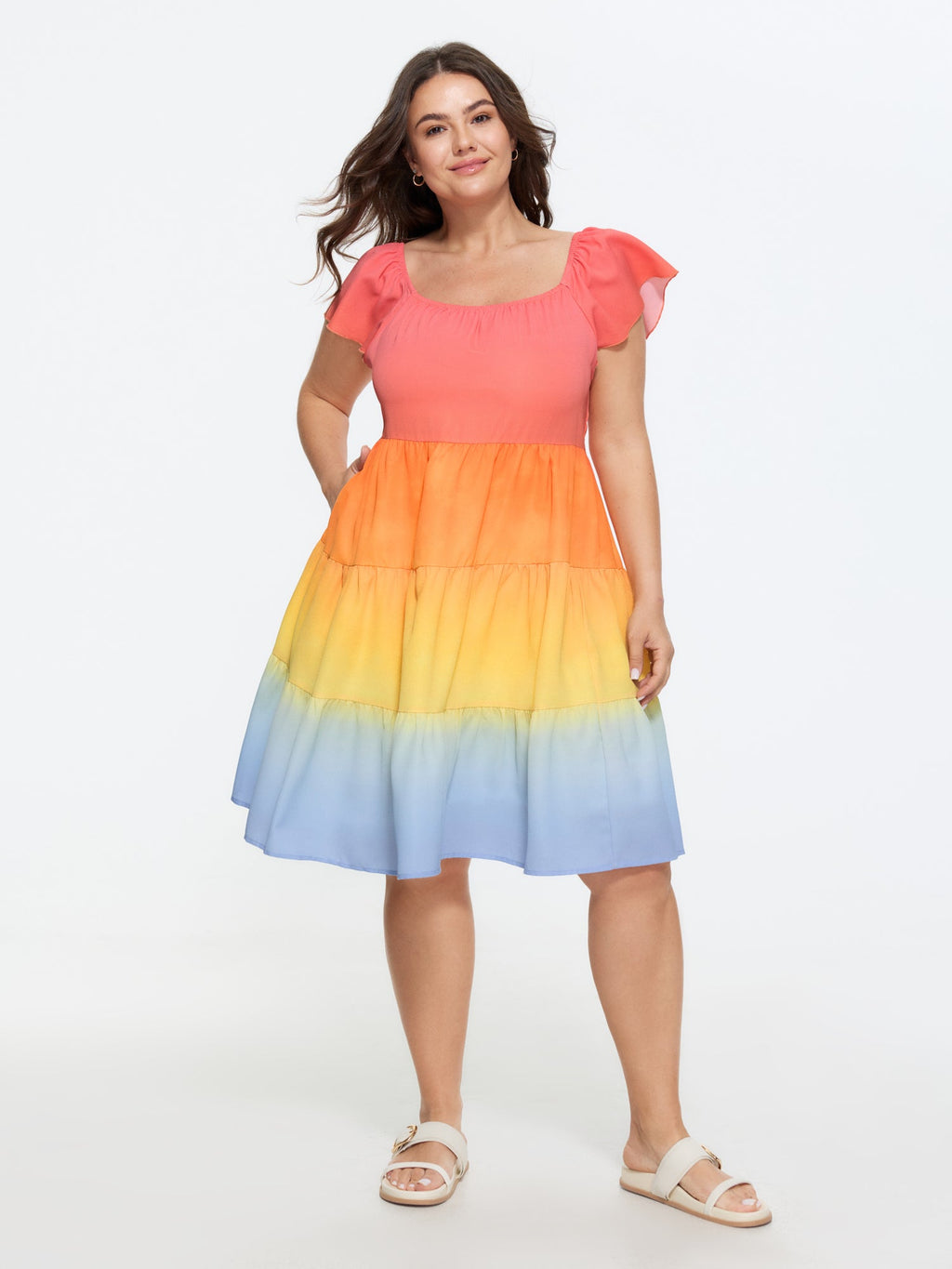 Color Contrast Tiered Pockets Midi Dress