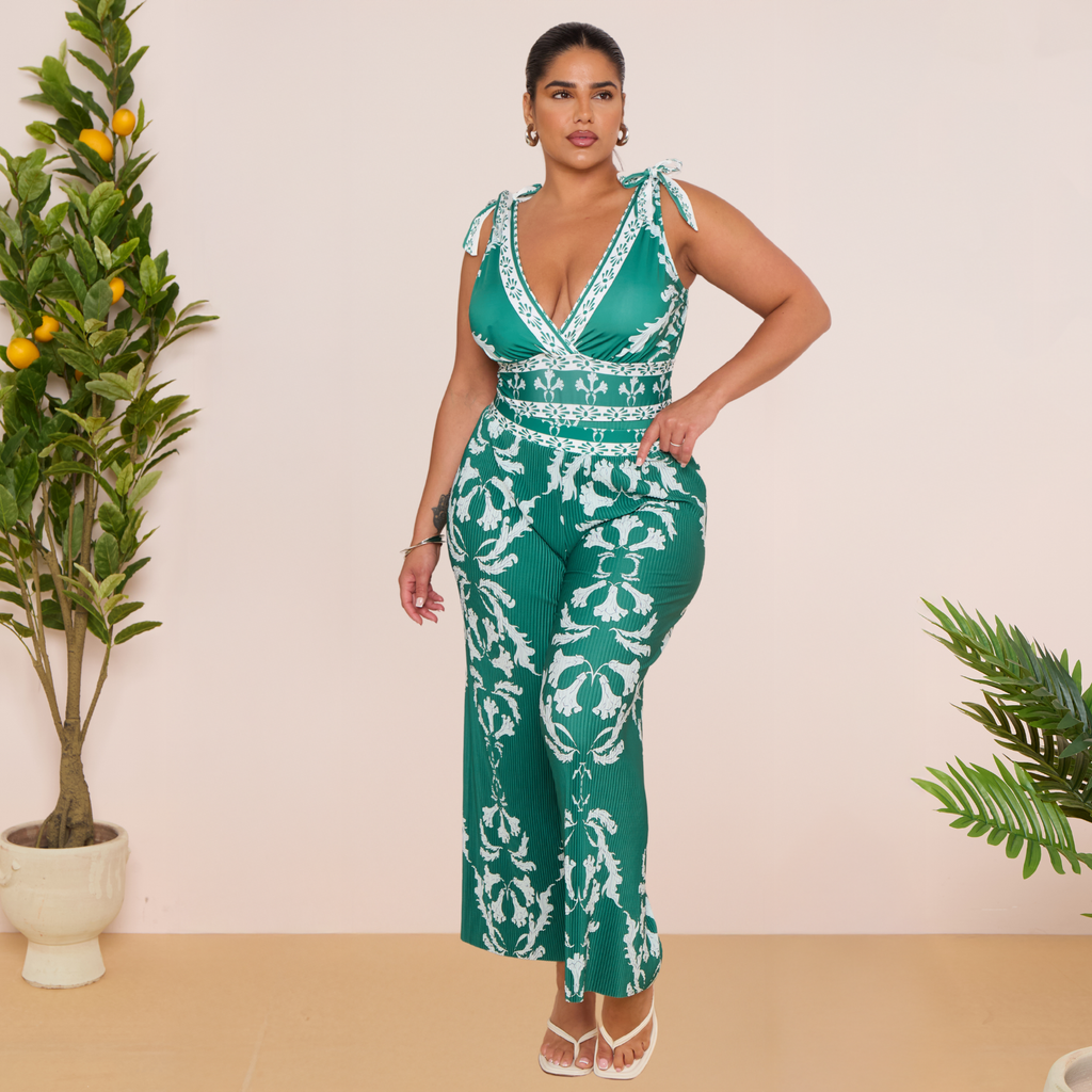 Green Flowy Floral Tie-shoulder Swimsuit&Pants