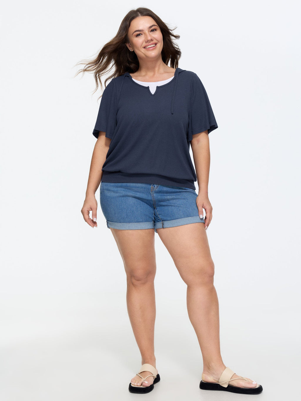 Stretchy Hooded Color Contrast T-Shirt