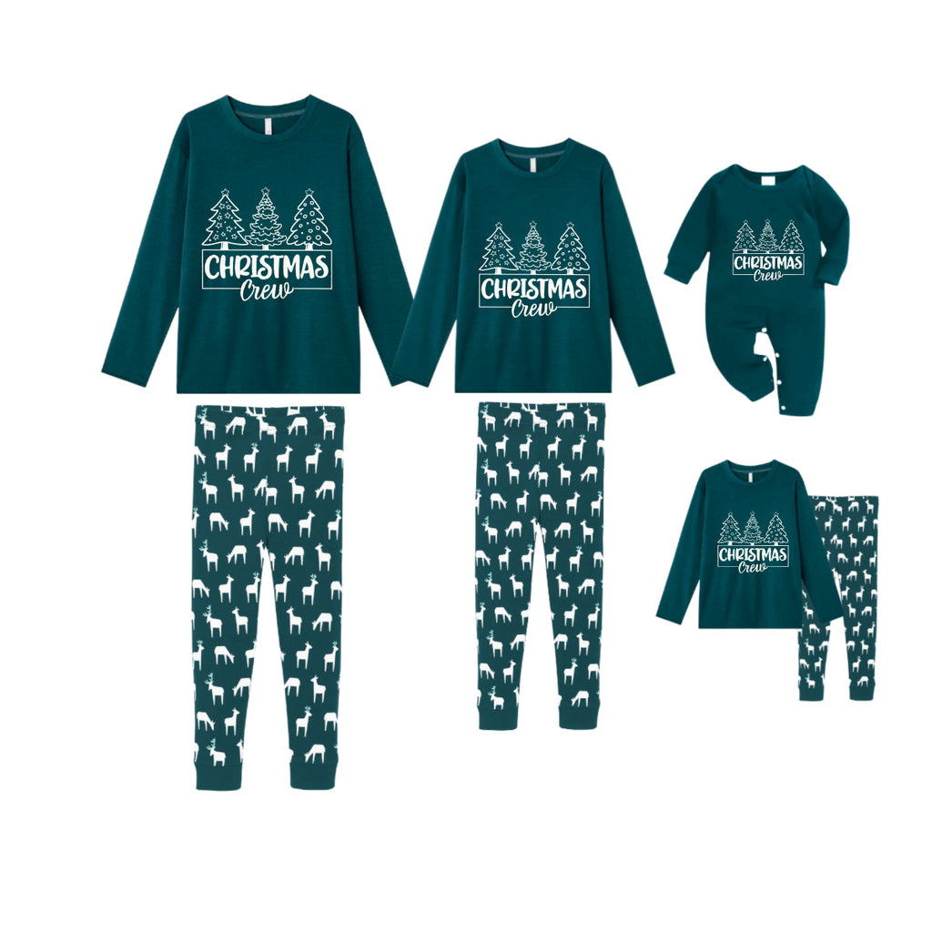 Christmas Family Matching Pajamas-Dark Green&Deer Patterned Pjs Set with “Christmas” Letter Print