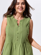 Cotton Toothpick Pleat Button Detail Mini Dress