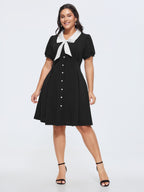 Stretchy Color Contrast Puffy Sleeve Mini Dress