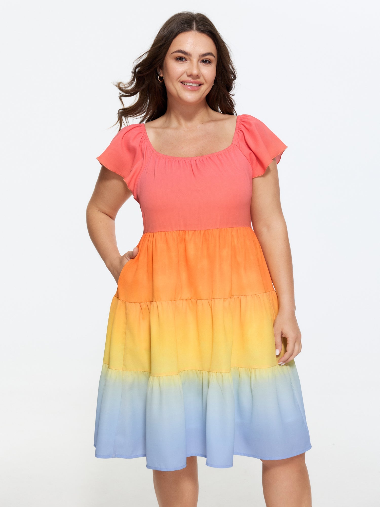 Color Contrast Tiered Pockets Midi Dress
