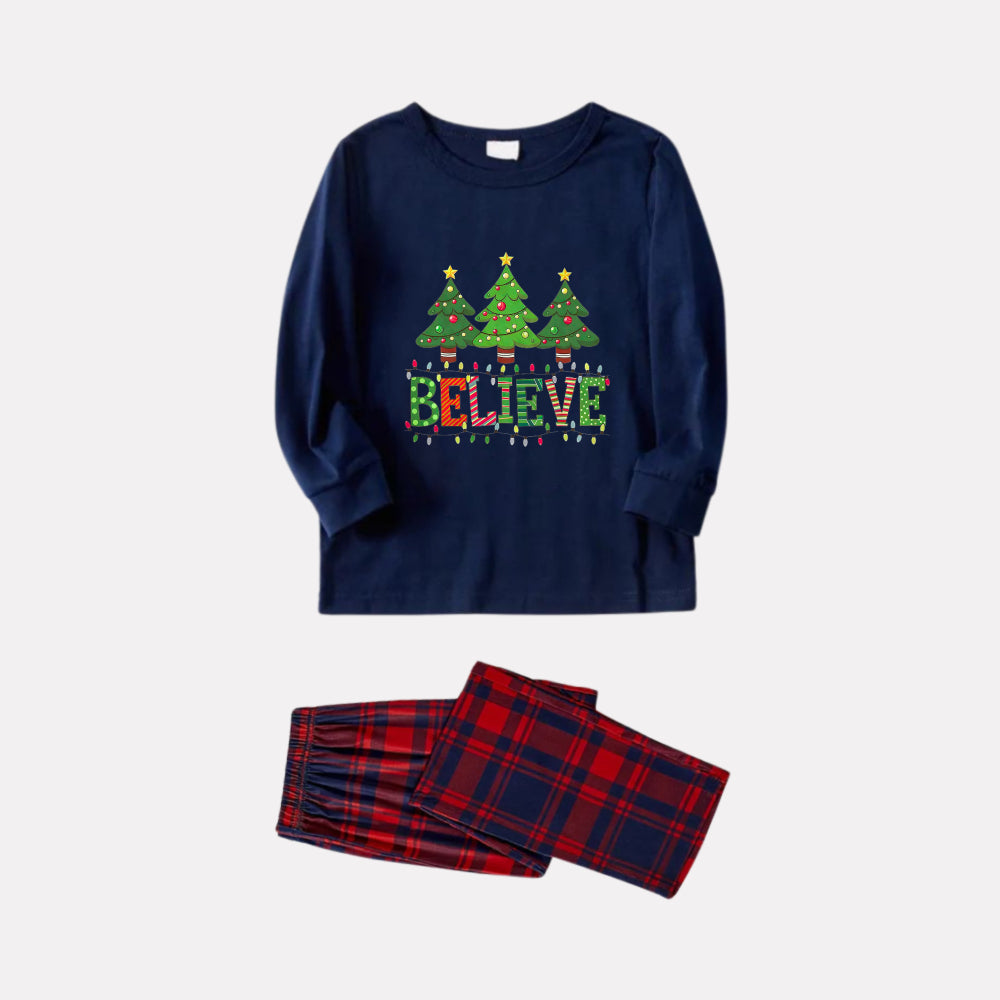 Christmas Family Matching Pajamas-Navy & Red Plaid Pjs Set with Christmas Tree and "Believe" Text Print