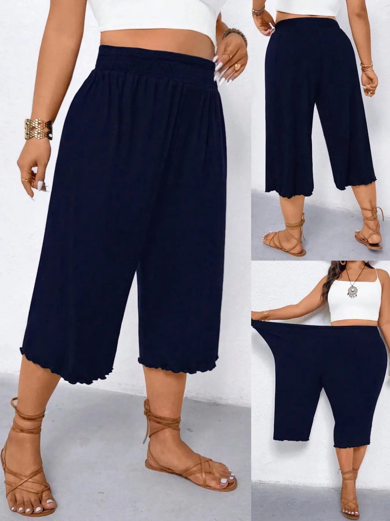 Women's Plus Size Wide Leg Capri Pants Scalloped Hem Culottes Smocked Elastic High Waist Cropped Trousers Casual Summer Lounge Flowy Trendy