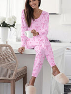 Bow Print V-Neck Long Sleeve Top & Tie Waist Pants Set