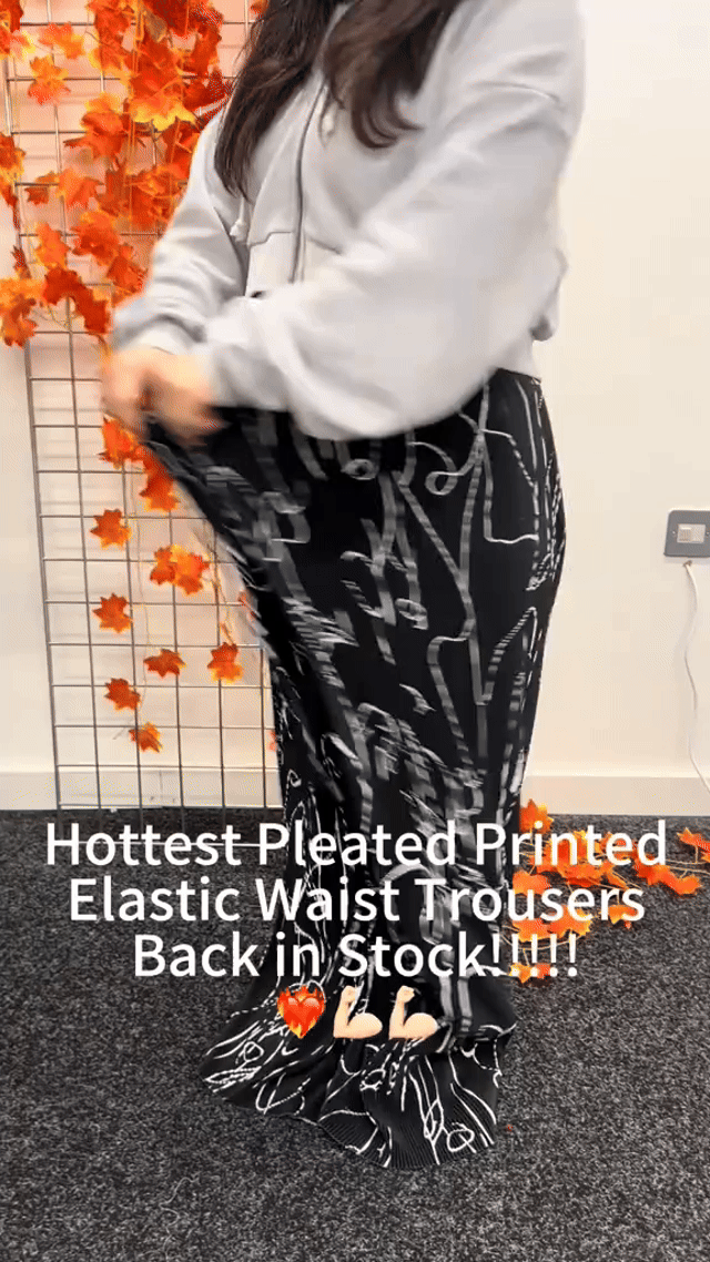 Black Line Art Abstract Print Wide-Leg Drawstring Palazzo Pleated Pants XPLUS(4XL-5XL)