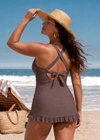 Deep V Cross-Back Ruched Two-Piece Swimsuit with Bikini Bottoms