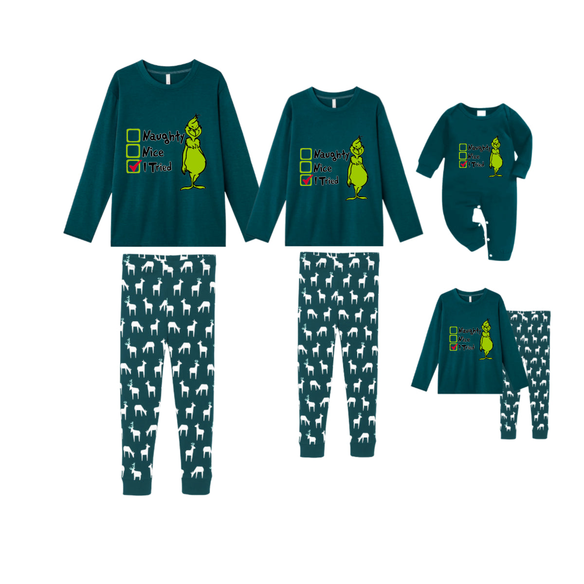 Christmas Family Matching Pajamas-Dark Green&Deer Patterned Pjs Set with Grinch Cartoon Print
