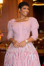 Square Neck Puff Sleeve Layered Ruffles Striped Maxi Dresses-Red