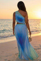 One Shoulder Crop Top Semi-Sheer Mesh Maxi Skirt 2pcs Set-Blue
