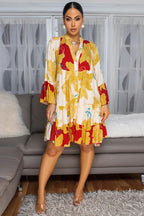 Stand-Up Collar Flare Sleeve All Over Print Loose Fit Mini Dresses-Yellow