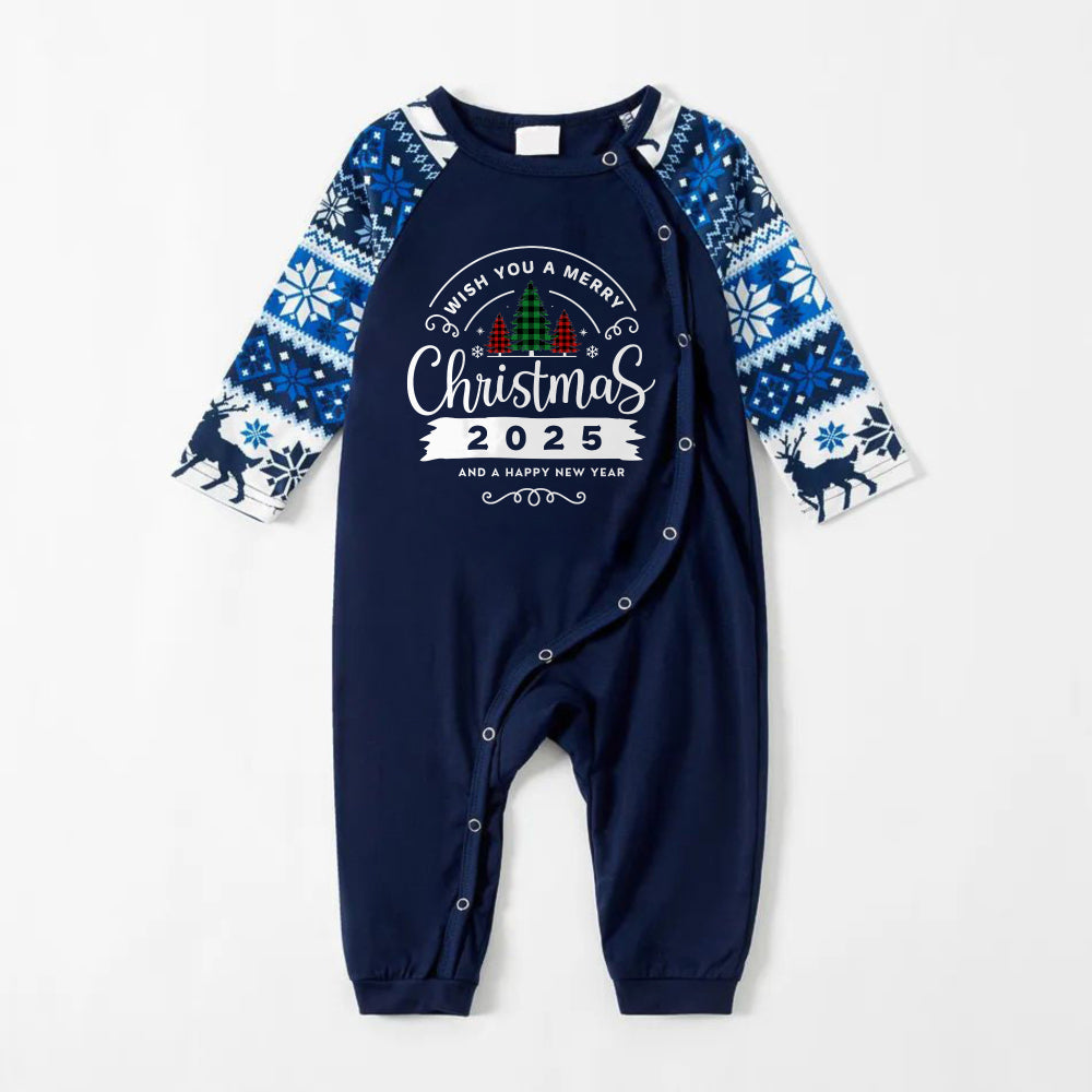 Joyful Blue Christmas Pajamas Set With With "Wish You A Merry Christmas 2025 and Happy New Year" Print