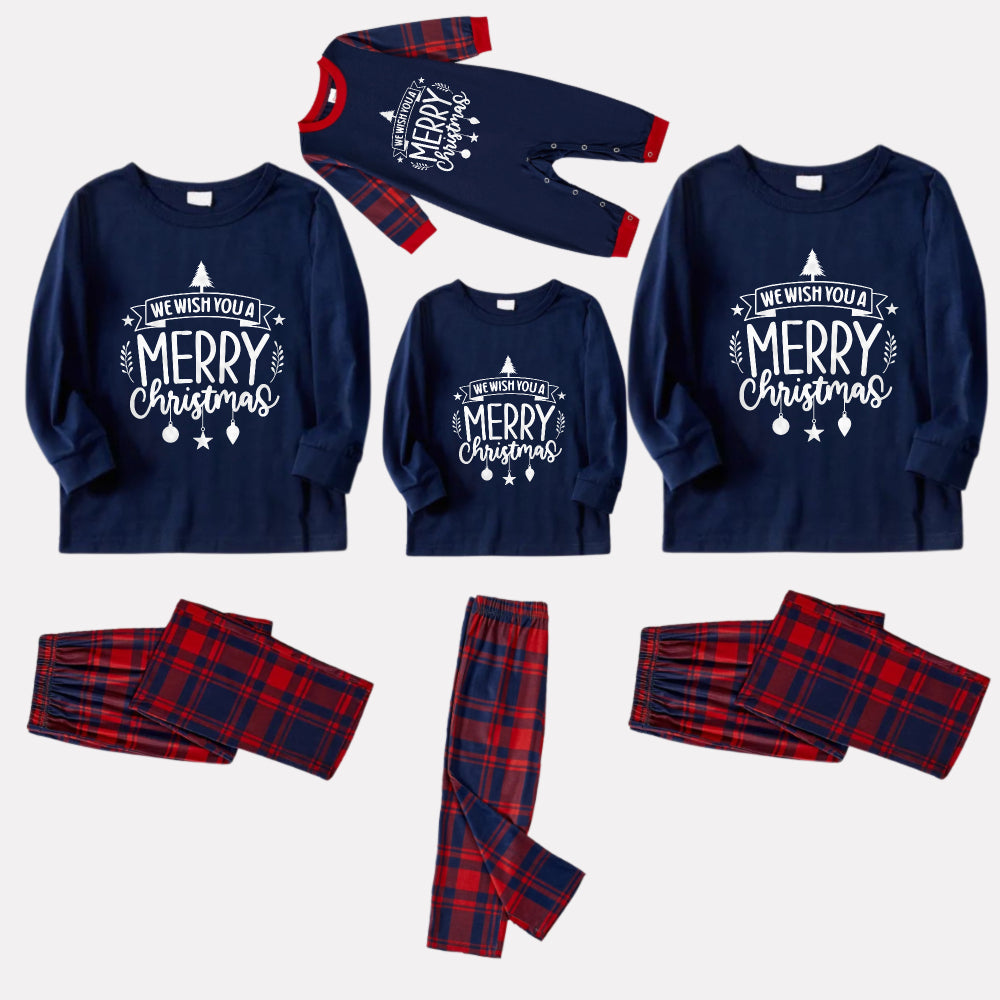 Christmas Family Matching Pajamas-Navy & Red Plaid Pjs Set with "We Wish You A Merry Christmas" Slogan Print