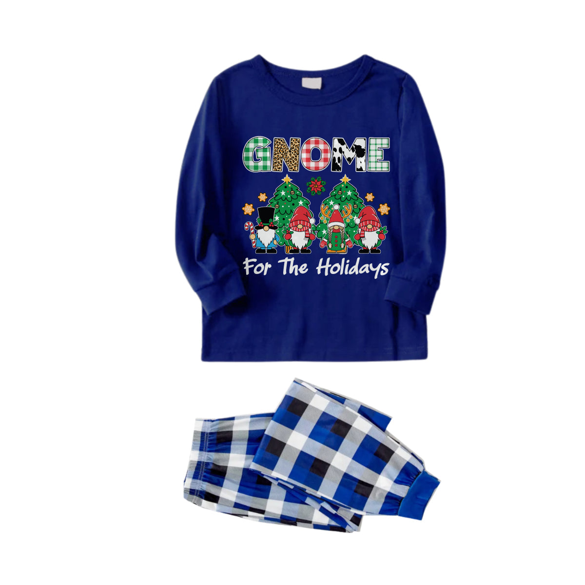 Christmas Family Matching Pajamas-Navy & White Plaid Pjs Set with "Gnome For The Holidays" Print