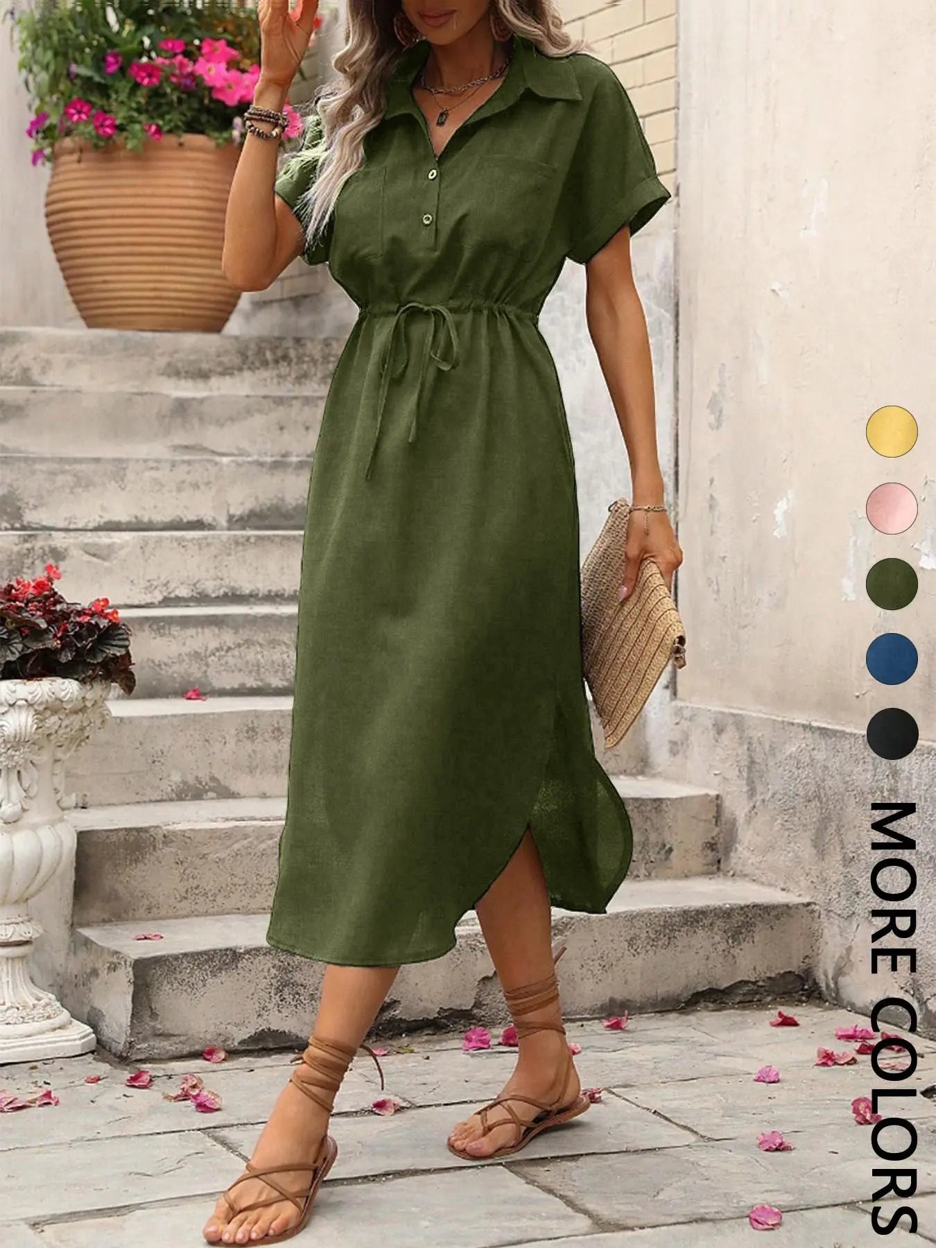 Women's Solid Color Button Front Dress, Casual Short Sleeve Dress for Daily Wear, Ladies Clothes for Summer, Brunch Dresses, Formal Womenswear