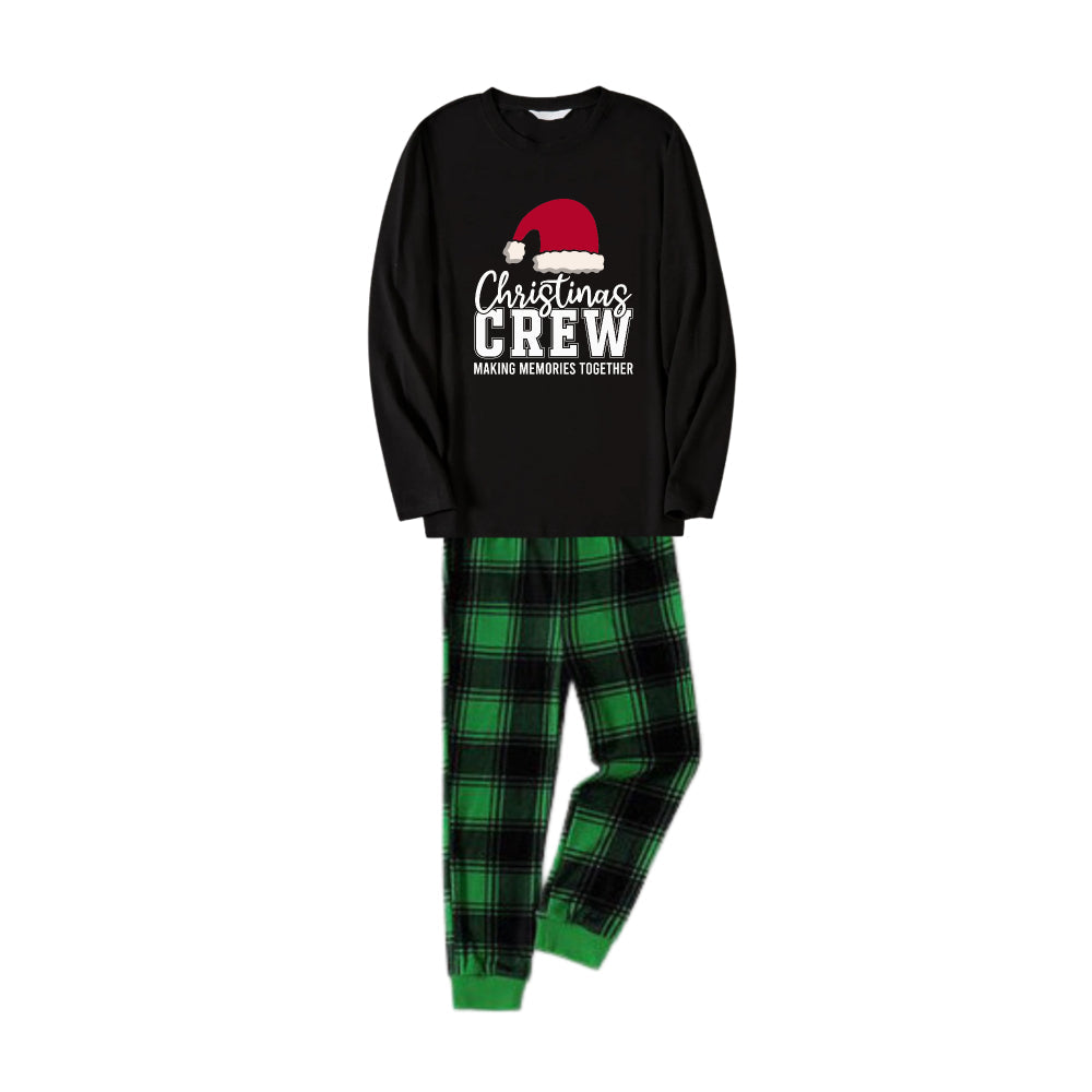 Christmas Family Matching Pajamas-Black Top and Green Plaid Pants Pjs Set with "Christmas Crew Making Memories Together " and Santa Hat Pattern Print