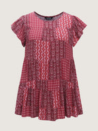 Geometric Print Ruffled Sleeve Top