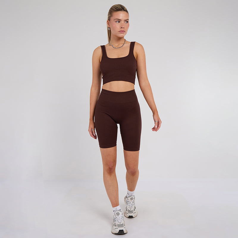 Stretch Coffee Brown Workout Outfit Seamless Sports Bra & High-Waist Leggings Set