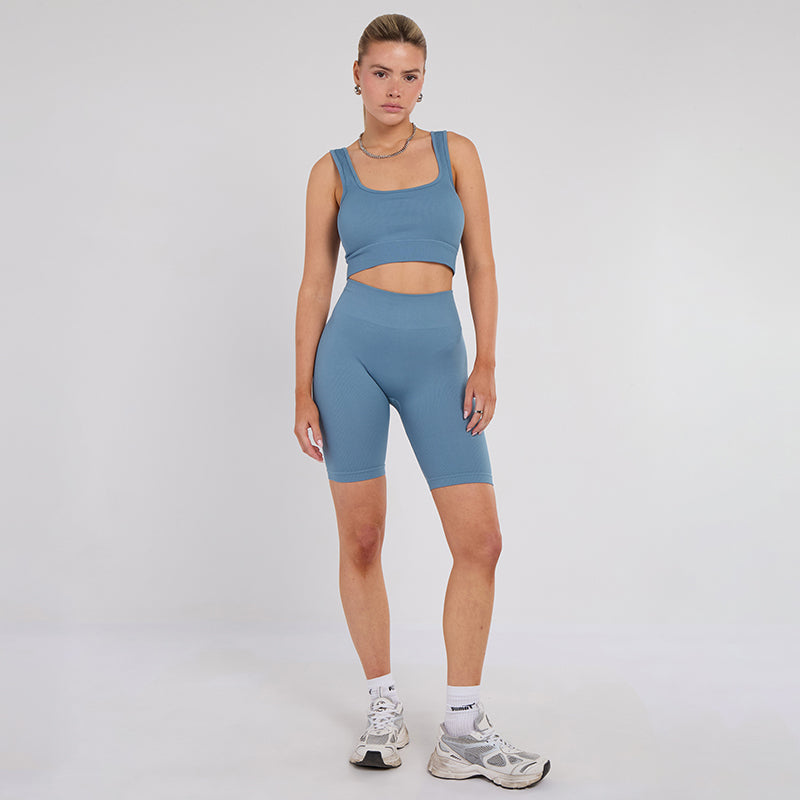 Stretch Blue Workout Outfit Seamless Sports Bra & High-Waist Leggings Set