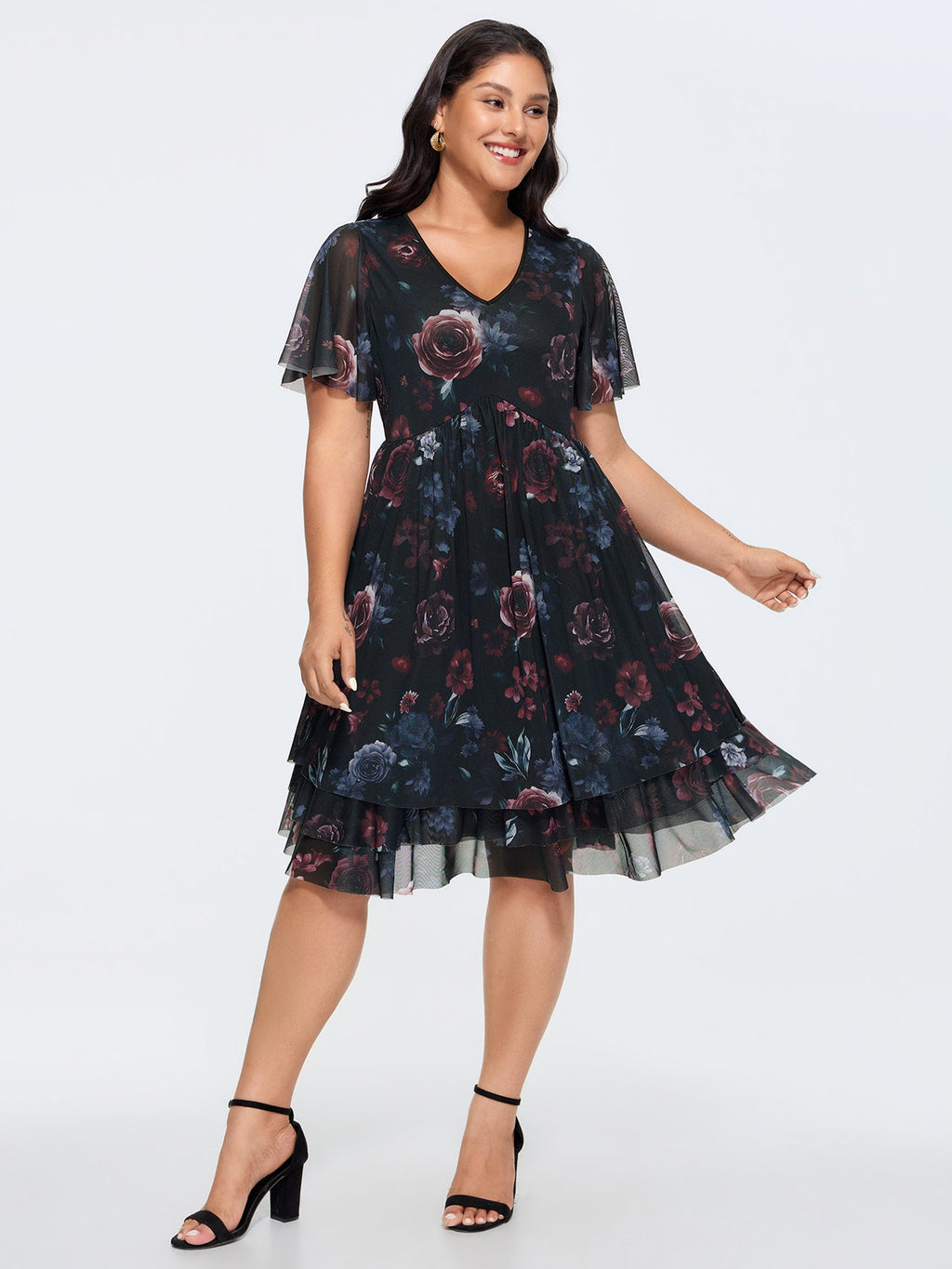 Stretchy Floral Mesh V-Neck Mini Dress