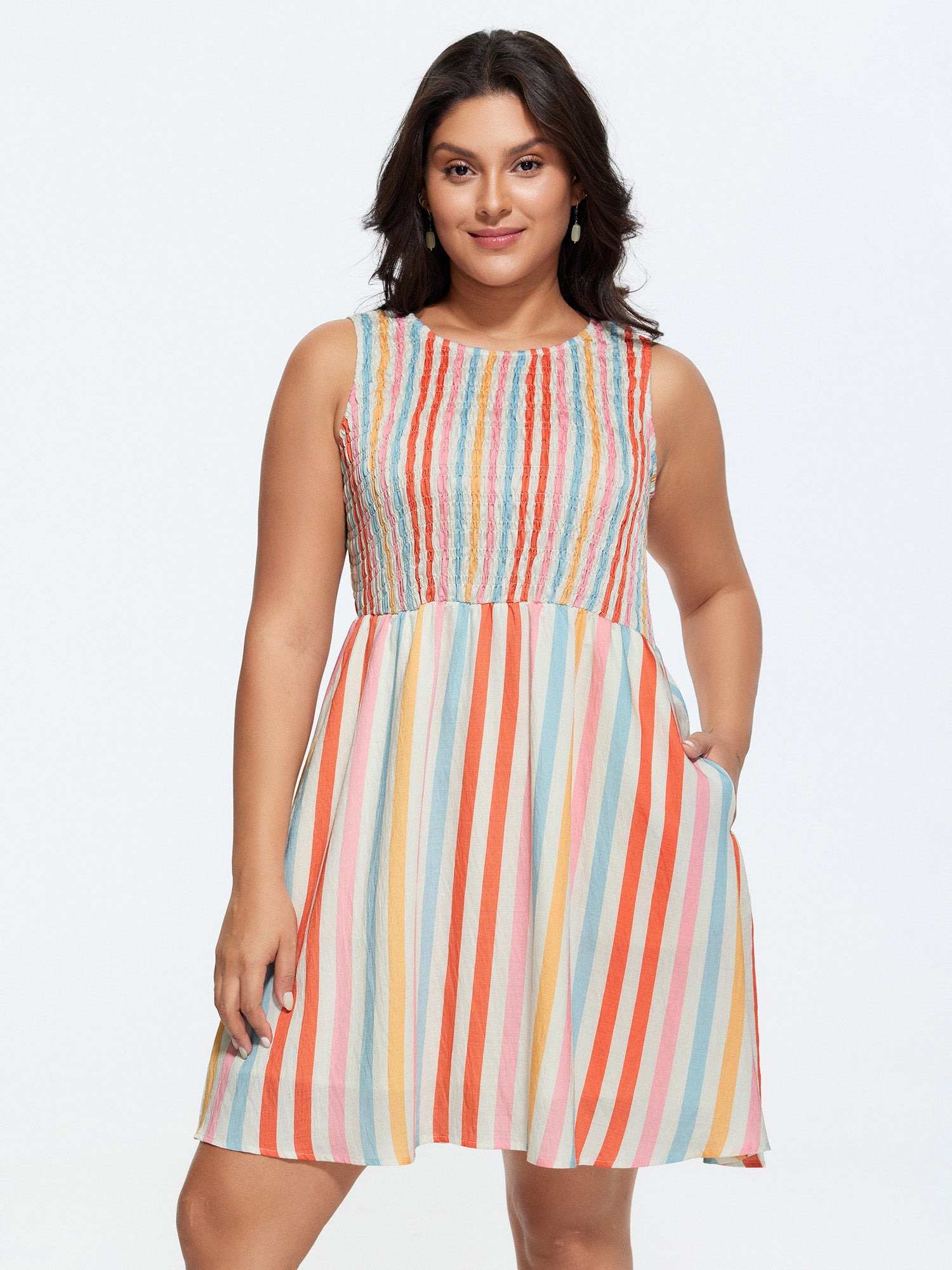 Colorful Striped Print Shirred Mini Dress