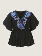 Floral Embroidered Wrap Neckline Top