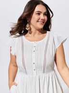 Cotton Lace Trim Pleated Plain Mini Dress